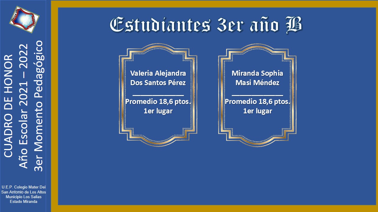 Cuadro de Honor | 3er Momento Pedagógico Educación MEDIA GENERAL |  Año Escolar 2021-2022